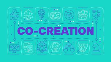 Co-creation teal word concept. Teamwork collaboration. Creative process. Product design. Horizontal image. Headline text surrounded by editable outline icons vector