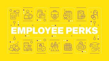 Employee perks yellow word concept. Employee satisfaction and wellness. Parental leave. Horizontal image. Headline text surrounded by editable outline icons vector