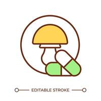 Medicinal mushroom RGB color icon. Mushroom and pills. Alternative medicine. Natural remedy. Fungi supplement. Isolated illustration. Simple filled line drawing. Editable stroke vector