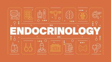 Endocrinology dark orange word concept. Endocrine system checkup. Diabetes management. Horizontal image. Headline text surrounded by editable outline icons vector