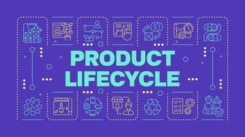 Product lifecycle purple word concept. Product management. Product design and manufacturing. Horizontal image. Headline text surrounded by editable outline icons vector