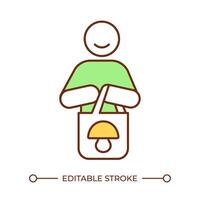 Mushroom consumer RGB color icon. Happy customer with grocery bag. Buying natural products. Consumer behavior. Isolated illustration. Simple filled line drawing. Editable stroke vector
