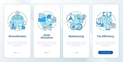 Portfolio organization elements blue onboarding mobile app screen. Walkthrough 4 steps editable graphic instructions with linear concepts. UI, UX, GUI template vector