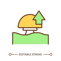 Mushroom growth RGB color icon. Fungi and upward arrow. Cultivation process. Mushroom farming. Fungiculture. Isolated illustration. Simple filled line drawing. Editable stroke vector