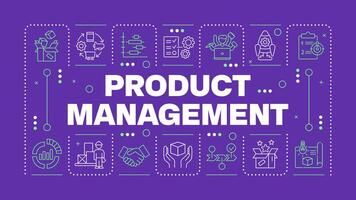 Product management purple word concept. Product planning, development and launch. PLM. Horizontal image. Headline text surrounded by editable outline icons vector