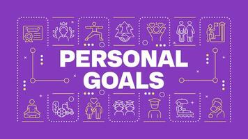 Personal goals purple word concept. Self improvement. Career advancement. Goal setting. Horizontal image. Headline text surrounded by editable outline icons vector