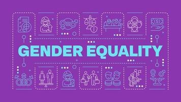 Gender equality bright purple word concept. Workplace diversity. Equal opportunities and rights. Horizontal image. Headline text surrounded by editable outline icons vector