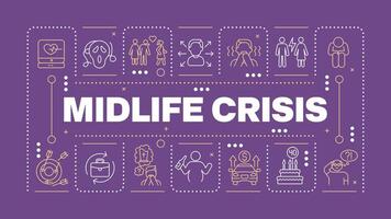 Midlife crisis purple word concept. Self reflection. Health issues. Depression and anxiety. Horizontal image. Headline text surrounded by editable outline icons vector