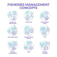 Fisheries management blue gradient concept icons. Marine ecosystem, seafood production. Icon pack. Round shape illustrations for infographic, presentation. Abstract idea vector