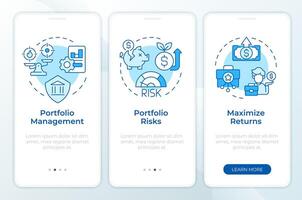 Portfolio organization risks blue onboarding mobile app screen. Walkthrough 3 steps editable graphic instructions with linear concepts. UI, UX, GUI template vector