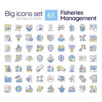 Fisheries management RGB color icons set. Fishery policy, fish harvesting. Aquatic ecosystem, ecology. Isolated illustrations. Simple filled line drawings collection. Editable stroke vector