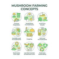 Mushroom farming multi color concept icons. Mushroom cultivation. Indoor farm conditions. Small business. Icon pack. Round shape illustrations. Abstract idea. Easy to use in article vector