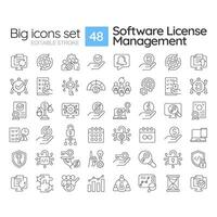 Software license management linear icons set. Regulatory compliance, usage monitoring. Licensing service. Customizable thin line symbols. Isolated outline illustrations. Editable stroke vector