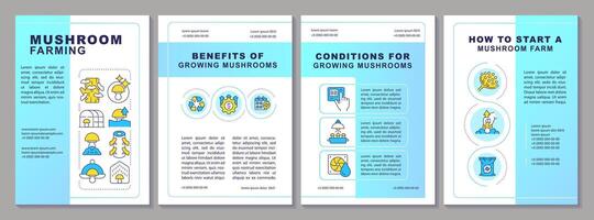 Mushroom farming blue gradient brochure template. Benefits. Leaflet design with linear icons. Editable 4 layouts for presentation, annual reports vector