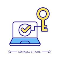 Device node-locking RGB color icon. Usage tracking, check mark. Laptop monitoring, access control. Compliance regulation. Isolated illustration. Simple filled line drawing. Editable stroke vector