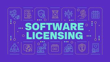Software licensing purple word concept. Code protection. Public license, pricing plan. Horizontal image. Headline text surrounded by editable outline icons vector