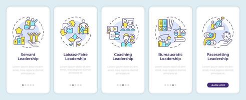 Styles of leadership onboarding mobile app screen. Walkthrough 5 steps editable graphic instructions with linear concepts. UI, UX, GUI template vector