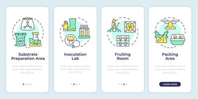 Mushroom farm parts onboarding mobile app screen. Walkthrough 4 steps editable graphic instructions with linear concepts. UI, UX, GUI template vector