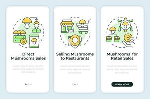 Selling mushrooms onboarding mobile app screen. Walkthrough 3 steps editable graphic instructions with linear concepts. UI, UX, GUI template vector