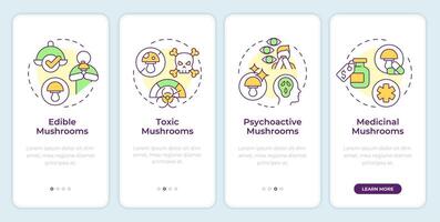 Mushroom types onboarding mobile app screen. Characteristics walkthrough 4 steps editable graphic instructions with linear concepts. UI, UX, GUI template vector