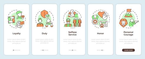 Army values onboarding mobile app screen. Military service. Walkthrough 5 steps editable graphic instructions with linear concepts. UI, UX, GUI template vector