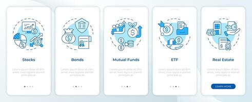 Investments diversity blue onboarding mobile app screen. Walkthrough 5 steps editable graphic instructions with linear concepts. UI, UX, GUI template vector