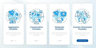 Portfolio organization methods blue onboarding mobile app screen. Walkthrough 4 steps editable graphic instructions with linear concepts. UI, UX, GUI template vector