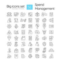 Spend management linear icons set. Spending documentation, financial stability. Regulatory compliance. Customizable thin line symbols. Isolated outline illustrations. Editable stroke vector