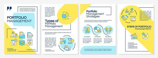 Investment portfolio organization blue and yellow brochure template. Leaflet design with linear icons. Editable 4 layouts for presentation, annual reports vector
