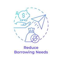Reduce borrowing needs blue gradient concept icon. Credit accounting, debt. Paper plane, money bag. Round shape line illustration. Abstract idea. Graphic design. Easy to use in infographic vector