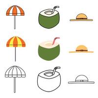 A Set of 3 type Summer item such as Coconut, Umbrella, Straw hat in a cartoon design doodle concept, vector