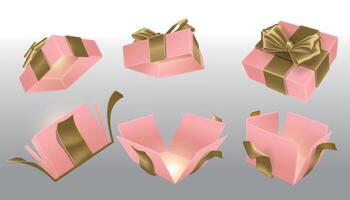 A set of open pink surprise boxes tied with gold ribbons vector