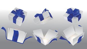 A set of open white surprise boxes tied with blue ribbons vector