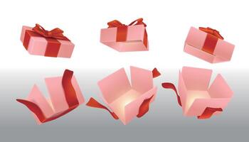 A set of open pink surprise boxes tied with red ribbons vector