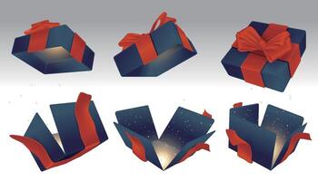 A set of open blue surprise boxes tied with red ribbons vector