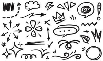 Doodle set of hand-drawn cartoony expression sign doodle, curve directional arrows, emoticon effects design elements, cartoon character emotion symbols, cute decorative brush stroke lines. vector