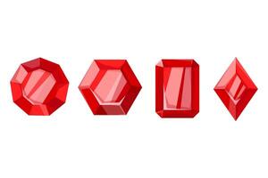 Set of red gemstones in flat style. Rubies. Ruby crystals set. Cartoon flat illustration. vector
