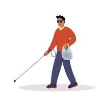 Blind man with a cane in flat style on a white background. Disability. A blind man leads an active life. Health care concept. A blind man goes shopping. vector