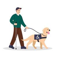 Blind man with a cane and a guide dog in flat style on a white background. Disability. A blind man leads an active life. Health care concept. Pet friend and assistant for blind people. vector