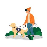 Blind man with a cane and a guide dog in flat style on a white background. Disability. A blind man leads an active life. Health care concept. Pet friend and assistant for blind people. vector