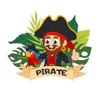 Cartoon pirate on a background of tropical leaves with a parrot. Pirate in flat style on a white background. Kids character illustration. vector
