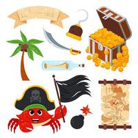 Crab with a black flag. Cartoon sea crab with different pirate items on a white background. Pirate in flat style. Set of cartoon pirate elements for children. vector