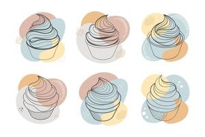 Hand-drawn contour cupcakes with cream on a background of abstract shapes. Line art collection of cupcakes. Food dessert illustration. vector