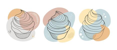 Hand-drawn contour cupcakes with cream on a background of abstract shapes. Line art collection of cupcakes. Food dessert illustration. vector