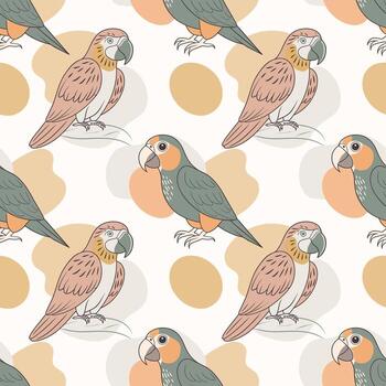 Seamless pattern, linear drawings of tropical parrots on a background of abstract shapes. Cute macaw birds. Design for textile, background, print vector