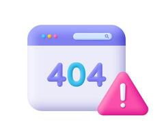 Web page with error 404 and attention exclamation sign. 404 error page not found and webpage alert caution. Development, programming and coding concept. 3d icon. Cartoon minimal style. vector