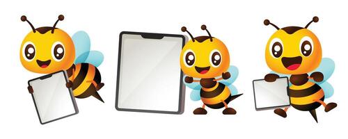 Cartoon cute honey bee with empty big screen tablet signboard mascot set. Character illustration vector