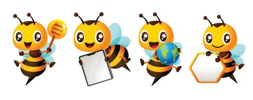 Cartoon cute honey bee various poses mascot set. Character illustration vector