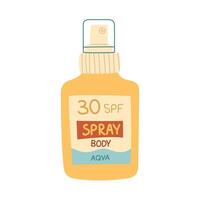 A jar of sunscreen. The spray is in a closed the bottle. Cosmetics. Face and body care products. The icon of the Spf spray jar aqua. A object in a flat style. Retro colors. An isolated object vector
