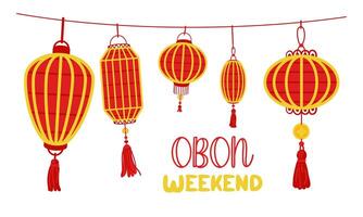 Weekend OBON. Japanese lantern festival Obon on white. A traditional summer festival. Day of the Dead in Japan from August 13-15. Lanterns with the inscription day vector